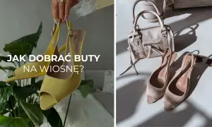 Jakie buty na wiosnę? Żółte szpilki i beżowe czółenka z torebką i okularami przeciwsłonecznymi.