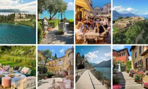 Collage di immagini che mostrano le attrazioni del Lago di Garda: ville, giardini, ristoranti all'aperto, rovine storiche, picnic e sentieri panoramici.
