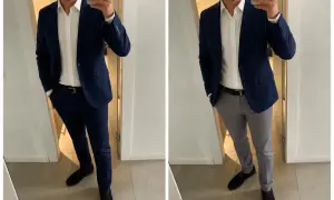 Mann im dunkelblauen Sakko mit weißem Hemd und dunkler Hose links, rechts mit grauer Hose.