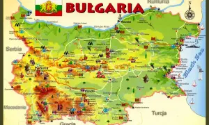 Mapa Bułgarii z zaznaczonym położeniem miast, zabytków i regionów. Widoczne są sąsiednie kraje: Rumunia, Serbia, Macedonia, Grecja i Turcja.