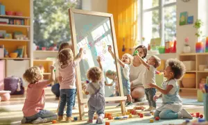 Dzieci malują na tablicy, a jedno niemowlę z zaciekawieniem patrzy w lustro, odkrywając siebie.