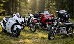 Różnorodne motocykle, od sportowych po turystyczne i klasyczne, stoją w lesie. Każdy z nich to rozdział w historii motocykla.