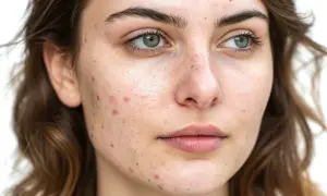Primo piano del viso di una giovane donna con evidenti imperfezioni cutanee, che illustra le cause dell'acne in età adulta.