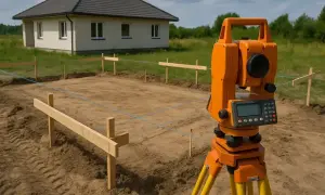 Precyzyjne wyznaczenie fundamentów domu. Geodeta cena za punkt jest kluczowa dla dokładności prac budowlanych.