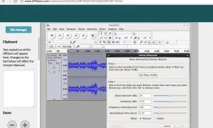 Edytor dźwięku Audiacity z oknem usuwania szumów. Użytkownik konfiguruje parametry redukcji hałasu.