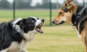 ¡Mi perro me gruñe y enseña los dientes! Un border collie negro y blanco se enfrenta a otro perro, mostrando sus colmillos en un momento tenso.