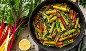 Poêlée colorée de blettes, une recette simple et savoureuse. Les côtes multicolores sont coupées et cuites avec des herbes et du citron.
