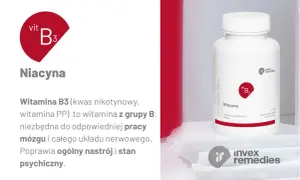 Niacyna co to? Witamina B3, niezbędna dla mózgu i układu nerwowego, poprawia nastrój. Opakowanie suplementu diety.