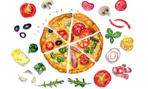 Kolorowa pizza z dodatkami, jak pomidory, oliwki, brokuły i salami, gotowa na dzień pizzy 2026.