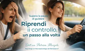 Donna con ansia alla guida, terrorizzata, contrapposta a una donna serena al volante. Supera la paura di guidare.