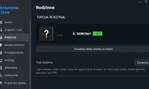 Ekran ustawień Steam z sekcją "Rodzinne", ikoną pytajnika i opcją "Dorosły: Ja".