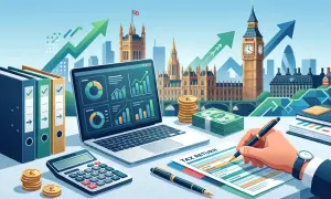 Londynskie budynki, laptop z wykresami, pieniądze i formularz "Tax Return" symbolizują rozliczenie podatku w Anglii.