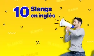 Hombre anunciando "10 Slangs en inglés" con megáfono. ¡Aprende el inglés más cool!