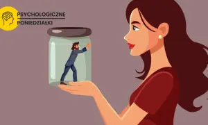 Kobieta trzyma słoik, w którym mężczyzna próbuje się wydostać. Ilustracja symbolizuje zachowanie narcyza, który czuje się uwięziony w swojej wyidealizowanej wizji siebie.