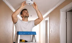 Un homme installe un détecteur de fumée au plafond, pensant à la durée de vie du détecteur de fumée pour sa sécurité.