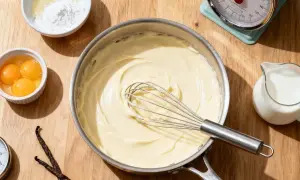 Une crème pâtissière liquide onctueuse dans une casserole, avec des ingrédients de pâtisserie disposés autour : œufs, sucre glace, lait, gousses de vanille et minuteur.