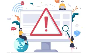 Un grand panneau d'avertissement avec un point d'exclamation rouge domine l'écran d'un ordinateur. Des personnes travaillent sur des ordinateurs, entourées d'icônes de communication et de symboles, suggérant des problèmes techniques ou des caractères s...