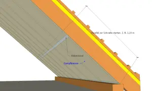 Detailansicht: Dampfbremse anbringen. Klebeband sichert die Folie parallel zur Schwelle.