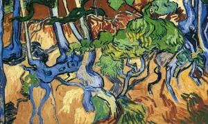 Wyrzeźbione przez naturę, niebieskie pnie drzew splatają się w żywym krajobrazie. Vincent van Gogh ciekawostki: jego dzieła pełne są emocji.