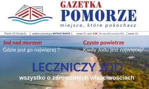 Widok na plażę i morze z tekstem "Jod nad morzem" i "Leczniczy jod".
