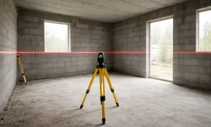 Laser krzyżowy na statywie wyznacza linię na ścianach w stanie surowym, gotowy do pracy na kolejnej kondygnacji.