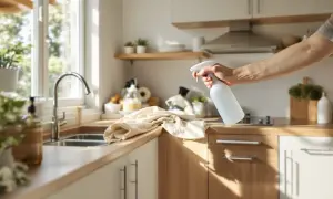 Ręka trzymająca biały spray, gotowa do czyszczenia szafek kuchennych z tłuszczu. Obok leży ściereczka.