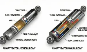 Schemat amortyzatorów: jednorurowego i dwururowego. Pokazują tłoczysko, tłok z zaworami, olej i komorę gazową. Wybierz najtrwalsze amortyzatory dla swojego pojazdu.