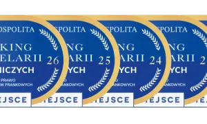 Grafika przedstawia pięć owalnych plakietek z rankingiem kancelarii prawnych, z numerami od 20 do 22.