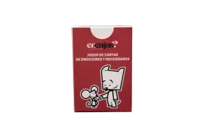 Caja de juego de cartas "Encajas?" con ilustraciones de un ratón y un perro. Explora cartas de emociones y necesidades para entenderte mejor.