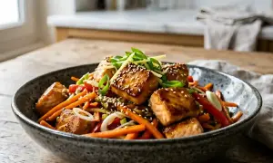 Délicieux wok de poisson aux légumes croquants et graines de sésame, garni de ciboule fraîche. Un plat savoureux et coloré.