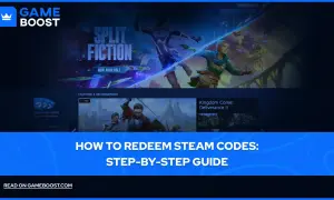 Grafika przedstawia interfejs platformy Steam z grami "Split Fiction" i "Kingdom Come: Deliverance II" oraz kartami podarunkowymi Steam.