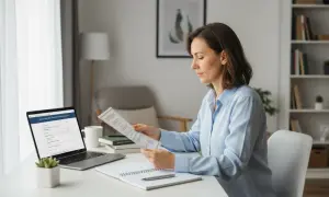 Kobieta analizuje dokumenty podczas nauki przygotowania pedagogicznego online.