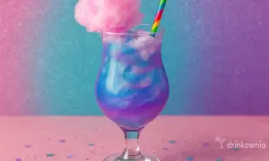Magiczny alkohol z brokatem, ozdobiony watą cukrową i tęczową słomką, wygląda jak napój z bajki.