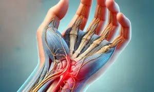 Dettaglio anatomico della mano che illustra la neuropatia da compressione, con nervi e muscoli evidenziati in rosso nell'area interessata.