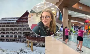 Hotel Gołębiewski zimą, kobieta w holu i basen z atrakcjami.