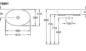 Rysunek techniczny prezentuje wymiary umywalki nablatowej: szerokość 590-610 mm, głębokość 390 mm, wysokość 205 mm.