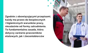 Lekarz i pracownik w kombinezonie rozmawiają. Tekst podkreśla, że umowa zlecenie a BHP to temat ważny dla każdego pracownika.