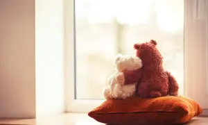 Dwa pluszowe misie, jeden brązowy obejmuje białego, siedzą na poduszce przy oknie.