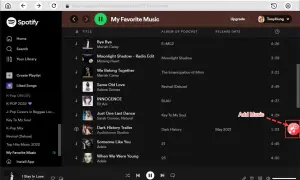 Spotify: lista utworów "My Favorite Music" z zaznaczonym przyciskiem dodawania muzyki.