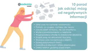 Kobieta odpycha chmurę negatywnych powiadomień, symbolizując walkę z doomscrollingiem. 10 porad, jak odciąć mózg od złych informacji.