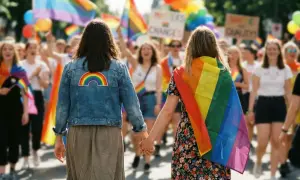 Dwie kobiety trzymają się za ręce na marszu równości, otoczone tęczowymi flagami. Ich związki partnerskie są symbolem dumy i akceptacji.