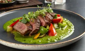 Un plat de onglet de veau tranché, servi avec des légumes colorés et une sauce verte vibrante sur une assiette sombre.
