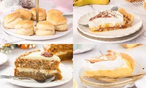 Un surtido de deliciosos postres ingleses: scones, tarta de plátano, tarta de zanahoria y tarta de limón con merengue.