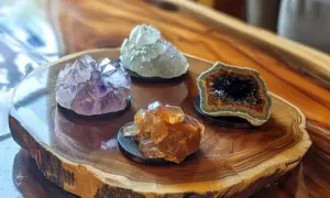 Ametyst, cytryn dla jakiego znaku zodiaku? Na drewnianej desce leżą cztery kryształy: fioletowy ametyst, żółty cytryn, zielony kwarc i geoda.