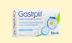 Opakowanie Gastrolit, proszek do sporządzania roztworu, zapobiega odwodnieniu, uzupełnia glukozę i elektrolity. 14 saszetek.