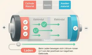 Schema zum Aufbau einer Batterie: Lithium-Ionen (Li+) bewegen sich beim Laden durch den Elektrolyten von der positiven zur negativen Elektrode.