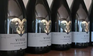 Bottiglie di Vives Passerina Brut, un vino fermo o frizzante, con etichetta a forma di cuore con teschio dorato.