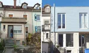 Antes y después: una casa antigua se somete a una transformación para modernizar su fachada, ganando un aspecto fresco y contemporáneo.