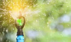 Zraszacz ogrodowy z zieloną końcówką rozpyla wodę na tle zieleni.
