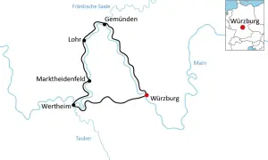 Karte einer Radtour am Main von Würzburg über Gemünden, Lohr, Marktbreit und Wertheim.